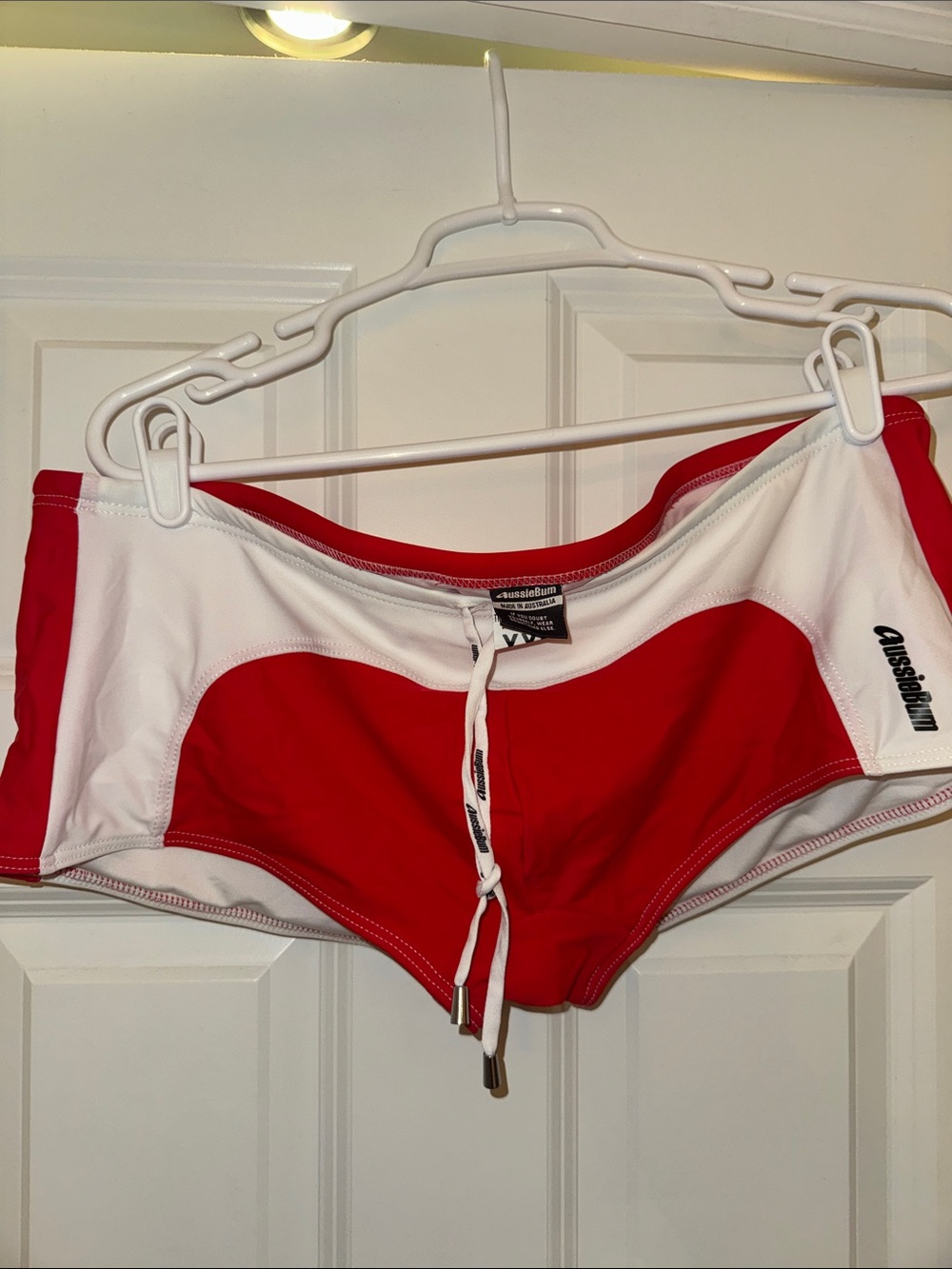 AussieBum Men’s Red & White Swim Bike Shorts — Drawstring Performance Trunks
